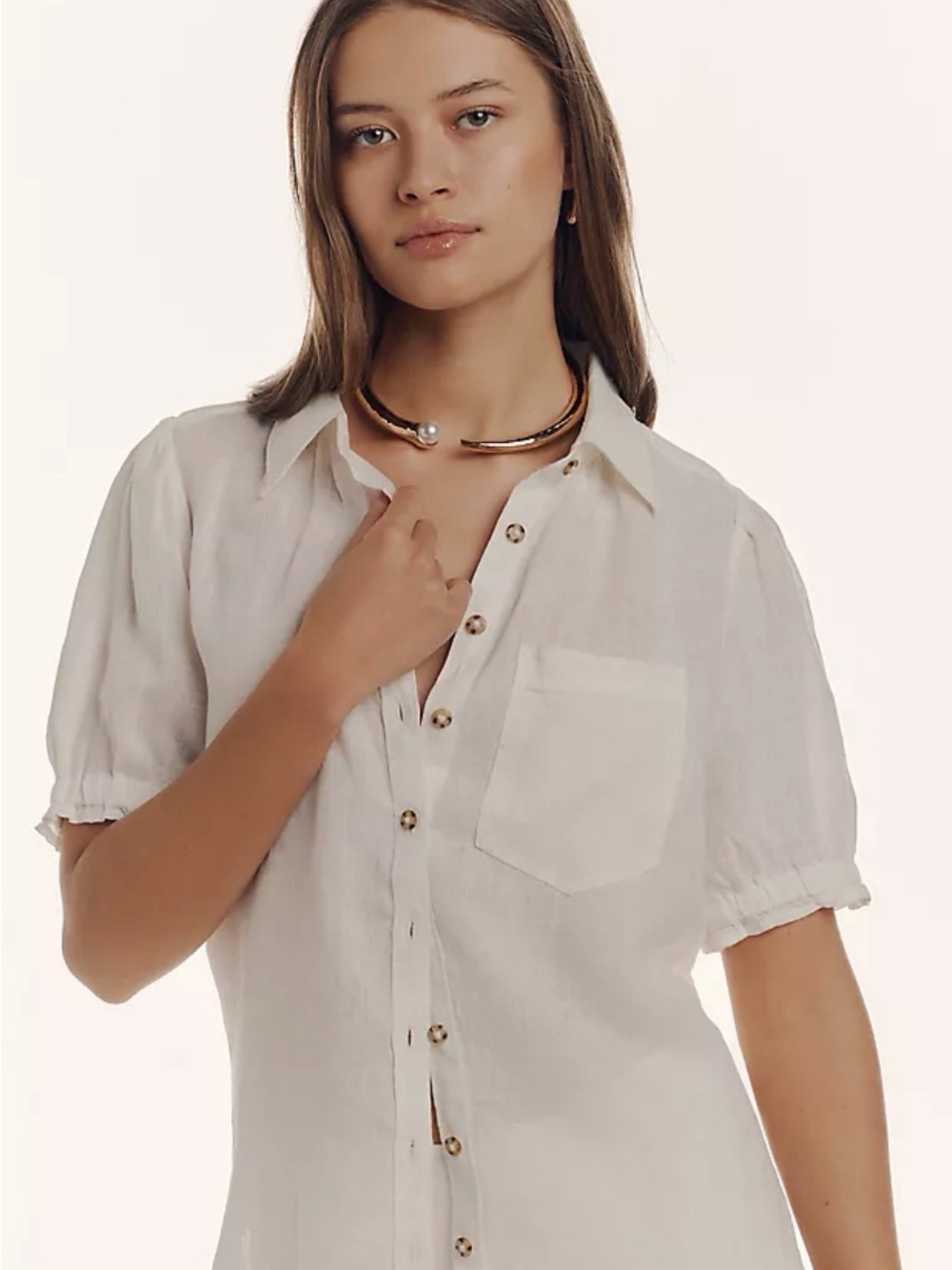 Pilcro Linen Puff Sleeve Button Up Top